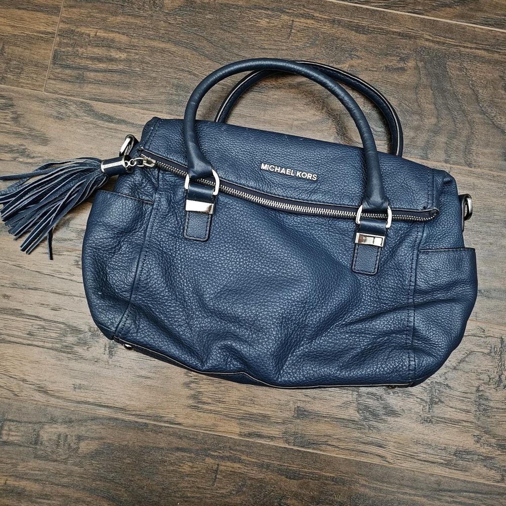 Michael Kors Pebble Leather Weston Satchel Handbag Blue Fold over Tassel Silver